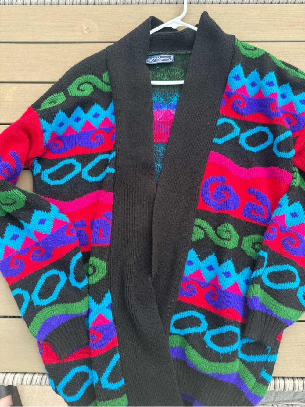Vintage Multicolor Patterned Cardigan Sweater with Black Trim